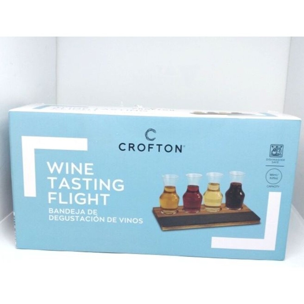 Crofton Wine Tasting Flight Set Decanter Glasses Chalkboard Wood Base NEW